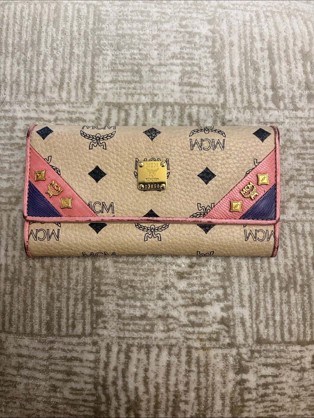 MCM Beige Monogram Continental Wallet with Pink and Navy Accents